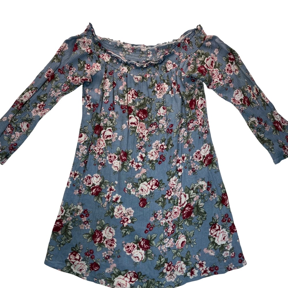 Floral Tunic Mini Dress Women Oversized S Blue Off Shoulder Smocked Boho Peasant